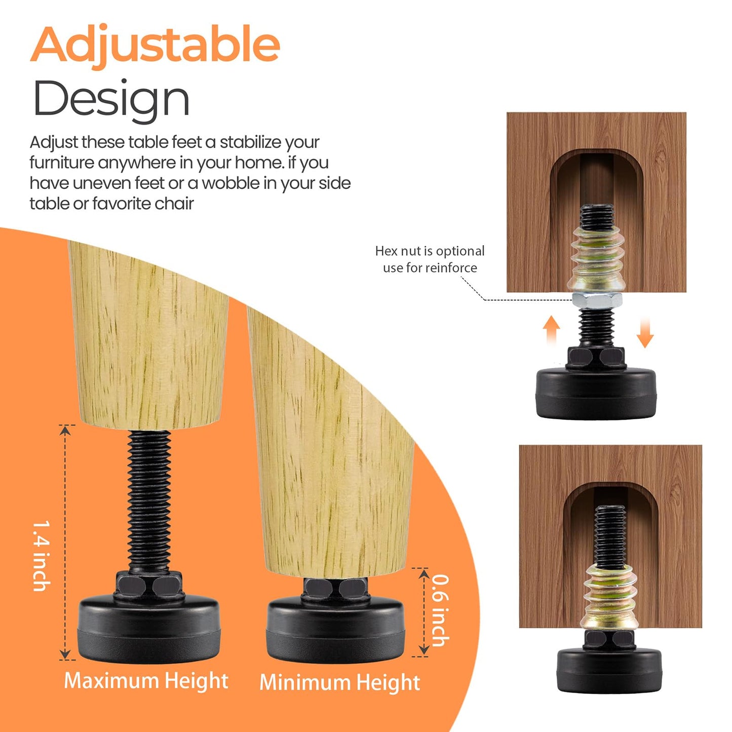 NEWBYTEK 8-Pack Adjustable Furniture Leveling Feet, M8 ISO Metric Thread, 1.8 Inch Height, 1'' Base, Includes Nuts and Felt Padded, Black, Ideal for Desks, Tables, and Chairs
