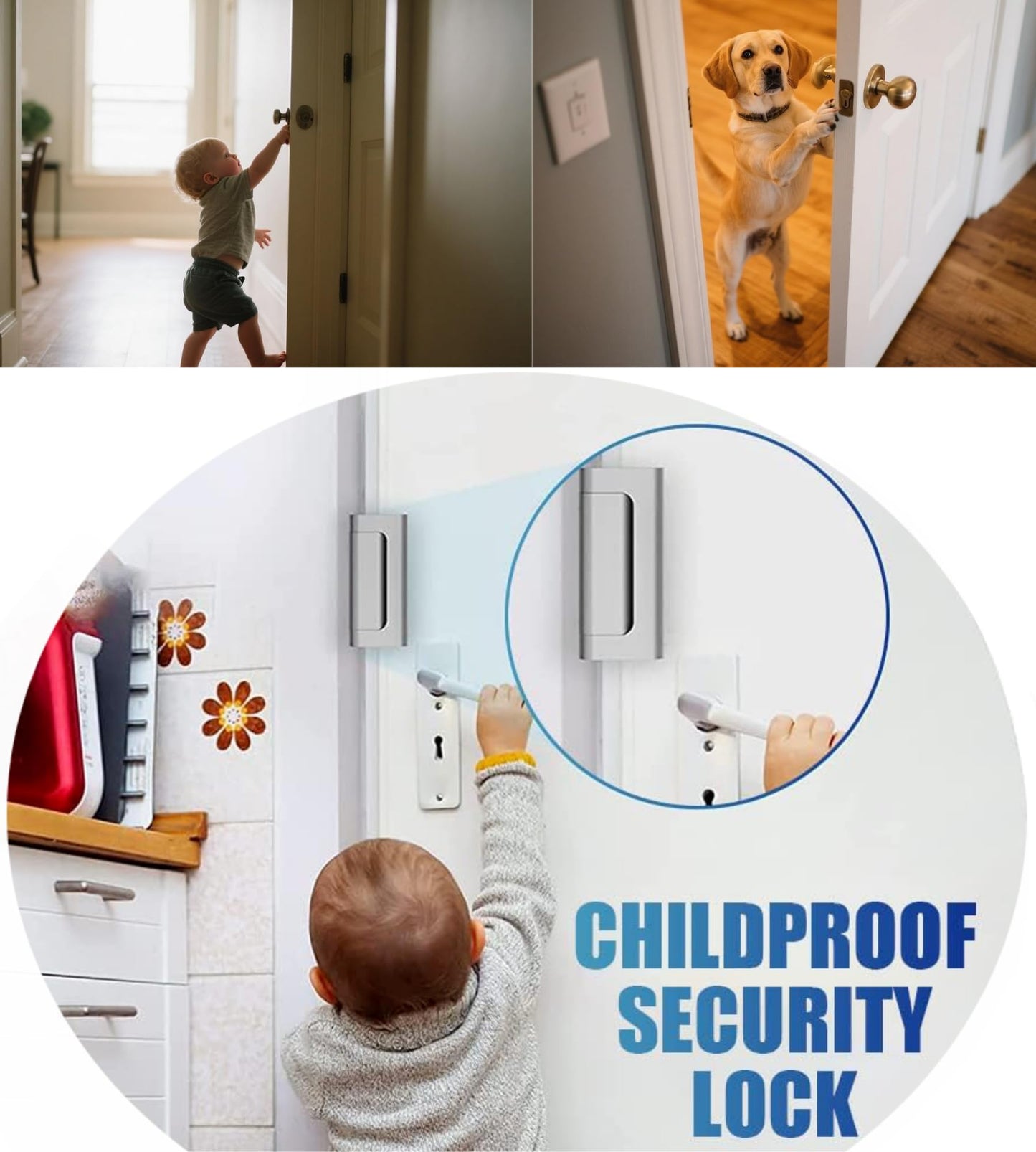 Home Security Door Locks for Kids Safety 2 Pack Extra Childproof Door Reinforcement Lock Latch Device from Inside for Inward Swinging Front Back Patio Courtyard Bedroom Interior Doors (Sliver+Black)