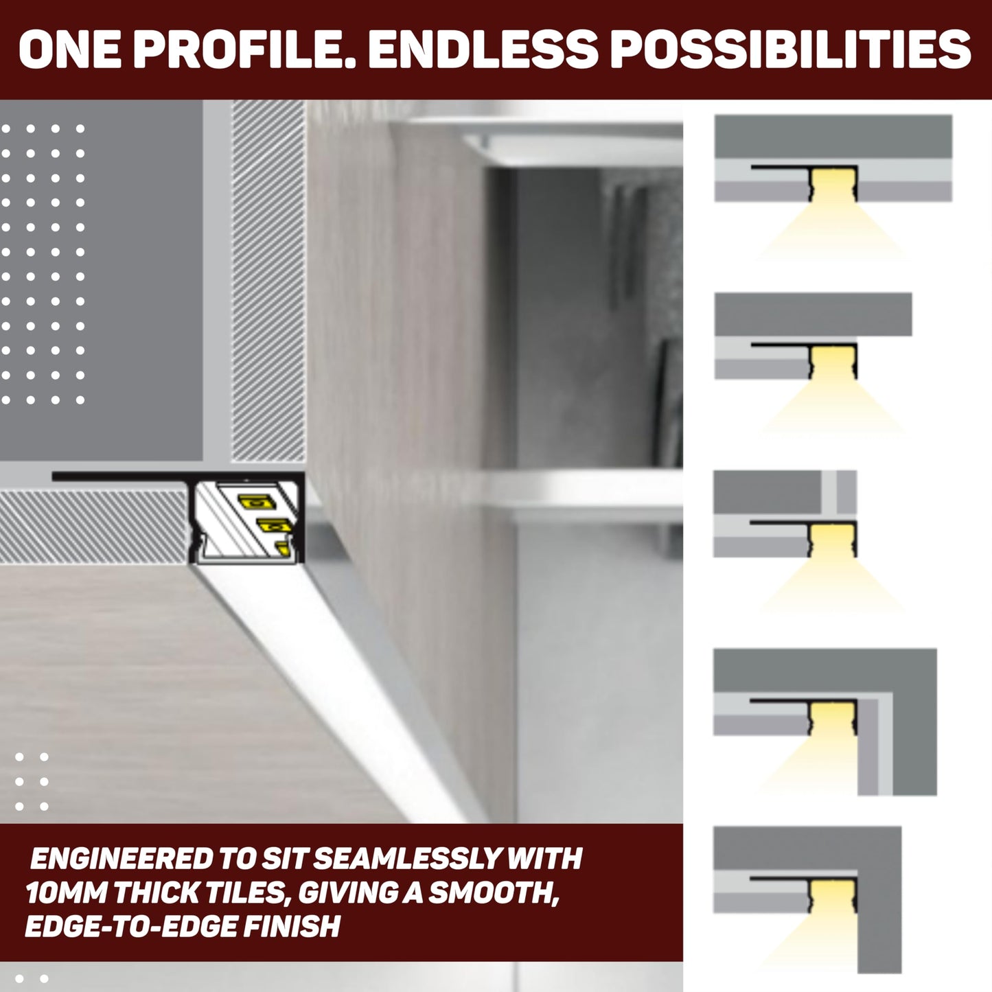 Wired4Signs USA UniTile12 Tile Edge LED Strip Light Channel 180 Degree Aluminum Profile for Recessed Accent Lighting Heat Sink Design for Flat Tiled Surfaces Showers Kitchens Bathrooms (1828mm (72"))