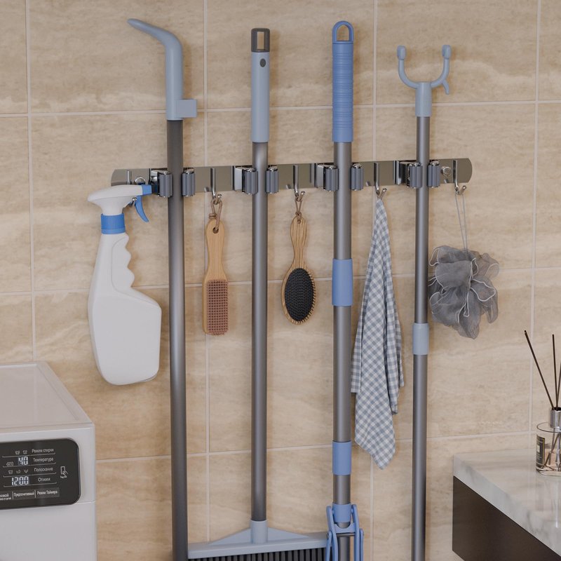 QianRuiDa Mop Broom Holder Wall Mount, 4 Racks 5 Hooks Stainless Steel Storage Organizer for Home, Kitchen, Garden, Laundry room, Garage tool storage