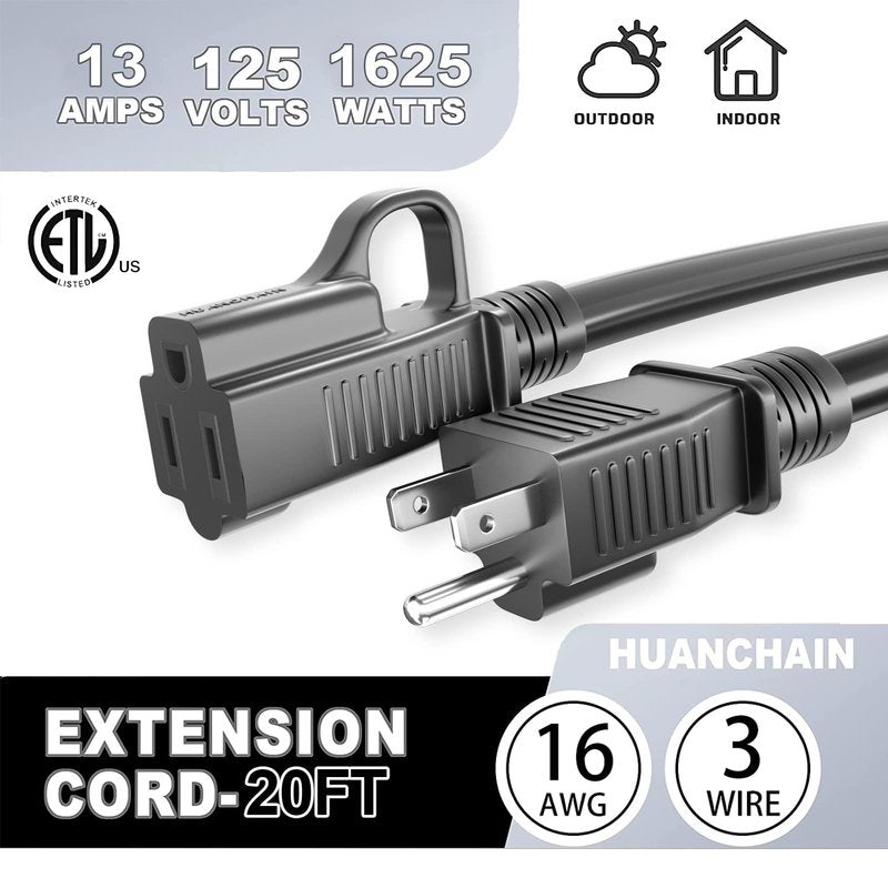 HUANCHAIN Indoor Outdoor Green Extension Cord 20 ft Waterproof, 16/3 Gauge Flexible Cold-Resistant Appliance Extension Cord Outside, 13A 1625W 16AWG SJTW, 3 Prong Electric Cord, ETL