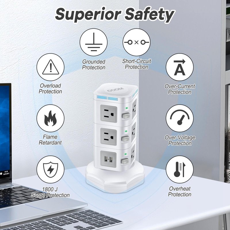Power Strips Surge Protector 1800J, ODOM Power Strip Tower with 15W Wireless Charger, 13A,4 USB Ports + 10 AC Outlets + 6 Ft Retractable Extension Cord,Plug Outlet Charging Tower for Home Office