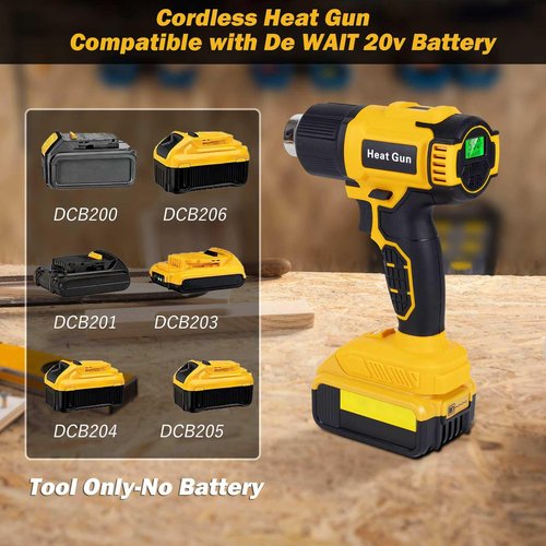 Foduuo Compatible with Cordless Heat Gun Dewalt 20V Battery,LED Light,350W Fast Heating Hot Air Gun 122℉-1022℉ Variable Temperature Control,5 Nozzle for Craft Shrinking PVC Stripping Paint-No Battery