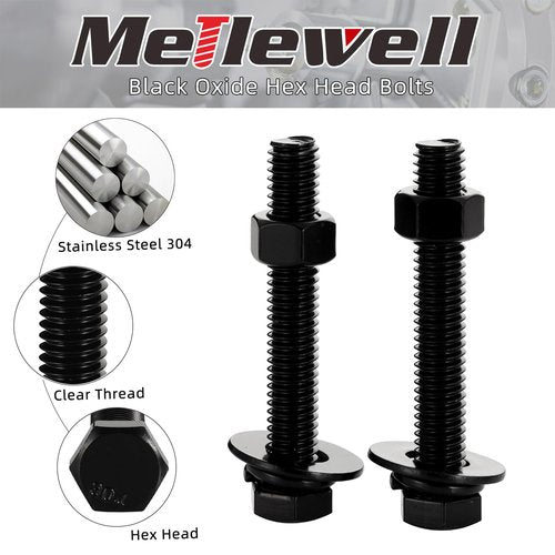 1/4-20 x 3 Hex Head Screws Bolts, Nuts, Flat & Lock Washers, Fully Threaded, Stainless Steel 18-8, Black Finish, 8 Sets
