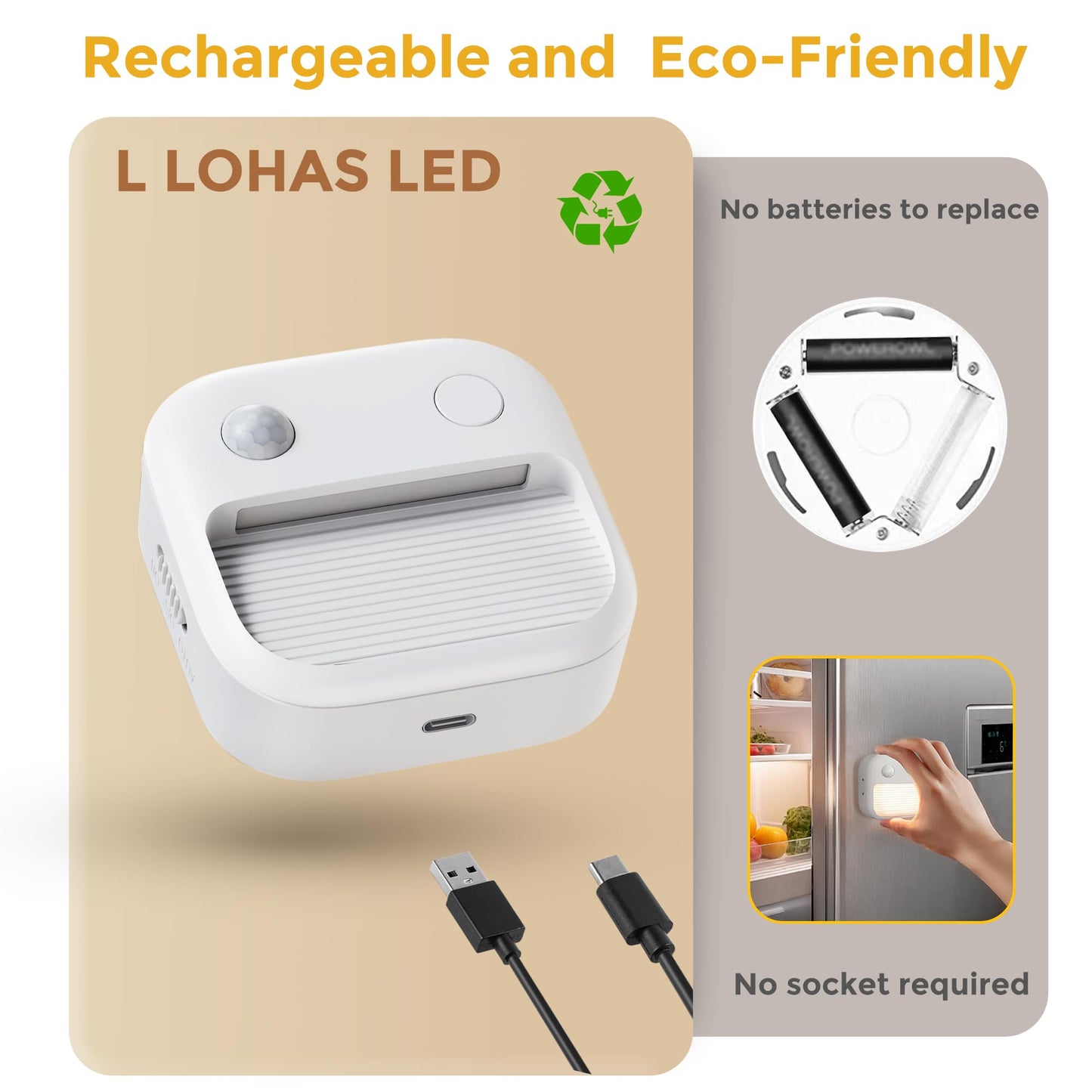 L LOHAS LED Motion Sensor Night Light, 2 Pack Rechargeable Battery Night Light, LED Stick-On Magnetic Closet Nightlight, 6/15/30LM Adjustable Operated Lights for Stairs, Hallway, Cabinet