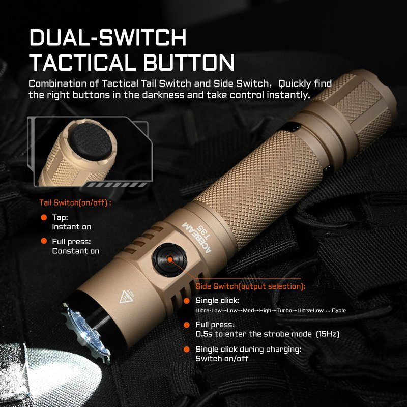 ACEBEAM T35 Tactical EDC Flashlight Gifts for Men, 1900 High Lumens Flashlight Rechargeable, Dual Switches Tactical Flashlight, Super Bright Pocket LED Flashlight for Emergency, Camping