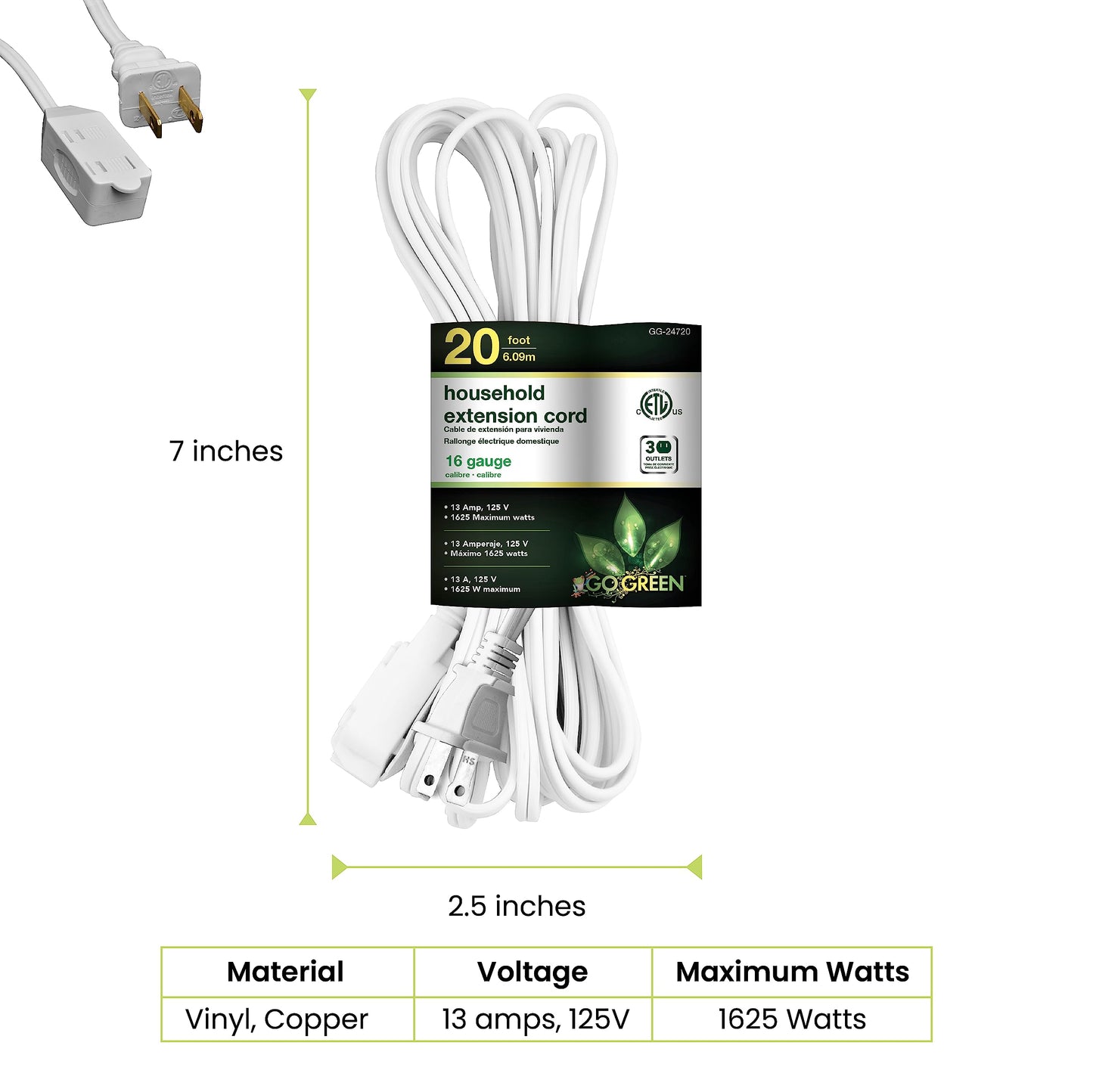 Go Green Power Inc. 20ft Household Extension Cord, White, 3 Outlets, 16/2, Indoor Use Only - Safe, Reliable, and Child-Safe Covers - Ideal for Everyday Electronics