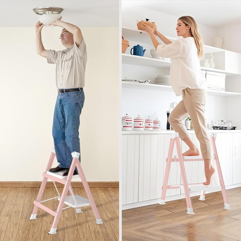 DIAMONDFORGE 2 Step Ladder, Folding Step Stool & Collapsible Stool for Kitchen, 330lbs Capacity with Wide Anti-Slip Pedal & Feet, Sturdy Steel Step Ladder for Home and Office, Pink & White