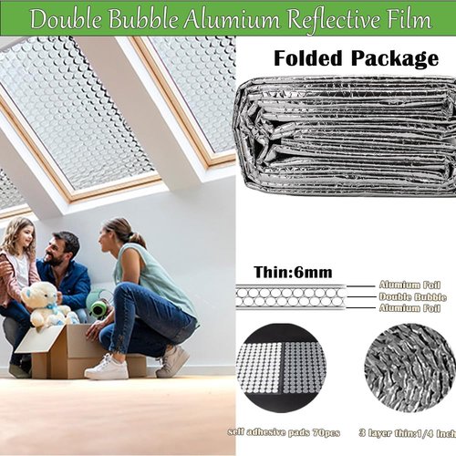 Double Reflective Insulation Foam 23.6inch×120Inch, 6MM Thick Reflective Window Radiant Barrier B2 Fireproof Aluminum Foil Bubble Insulation Roll for Keep Heat, Thermal Heat Block
