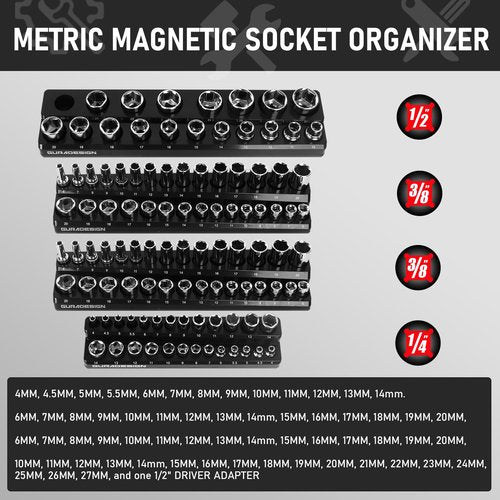 8PCS Magnetic Socket Organizer Set, Magnetic Socket Holder, 1/4", 3/8", 1/2" Socket Holds 171 Pieces Magnetic Socket Trays.