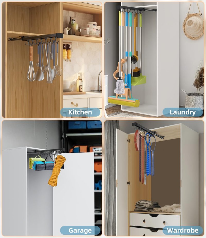 PrimZooty Pull Out Broom Holder With Adjustable Double Row Sliding Hook, Multifunctional Slide Broom And Mop Storage/Organizer Garage Organization Hooks, for Closet Laundry - 41cm/16.14inch