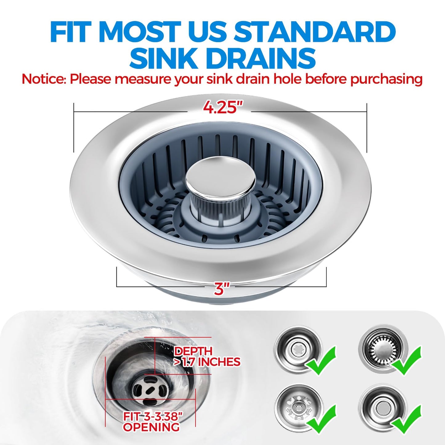 zaa Kitchen Sink Drain Strainer - Kitchen Sink Stopper, Stainless Steel Kitchen Drain Plug & Cover with Anti-Clogging Basket Strainer, Fit US Standard 3-1/2'' Sink Drain Hole, Silver