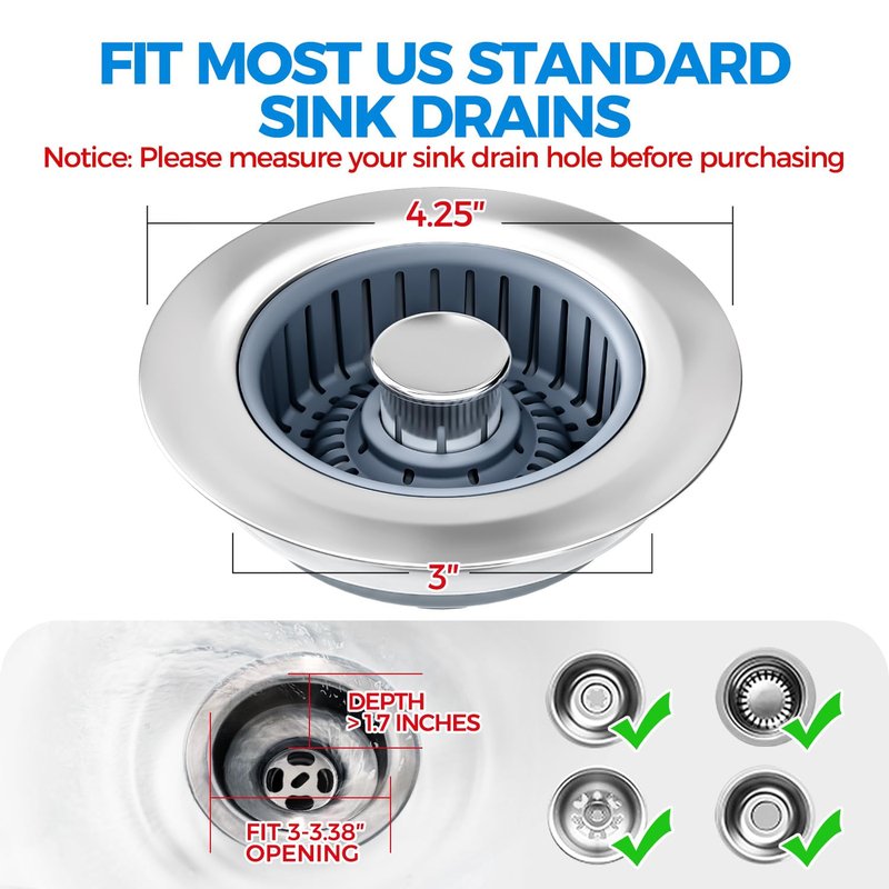 zaa Kitchen Sink Drain Strainer - Kitchen Sink Stopper, Stainless Steel Kitchen Drain Plug & Cover with Anti-Clogging Basket Strainer, Fit US Standard 3-1/2'' Sink Drain Hole, Silver