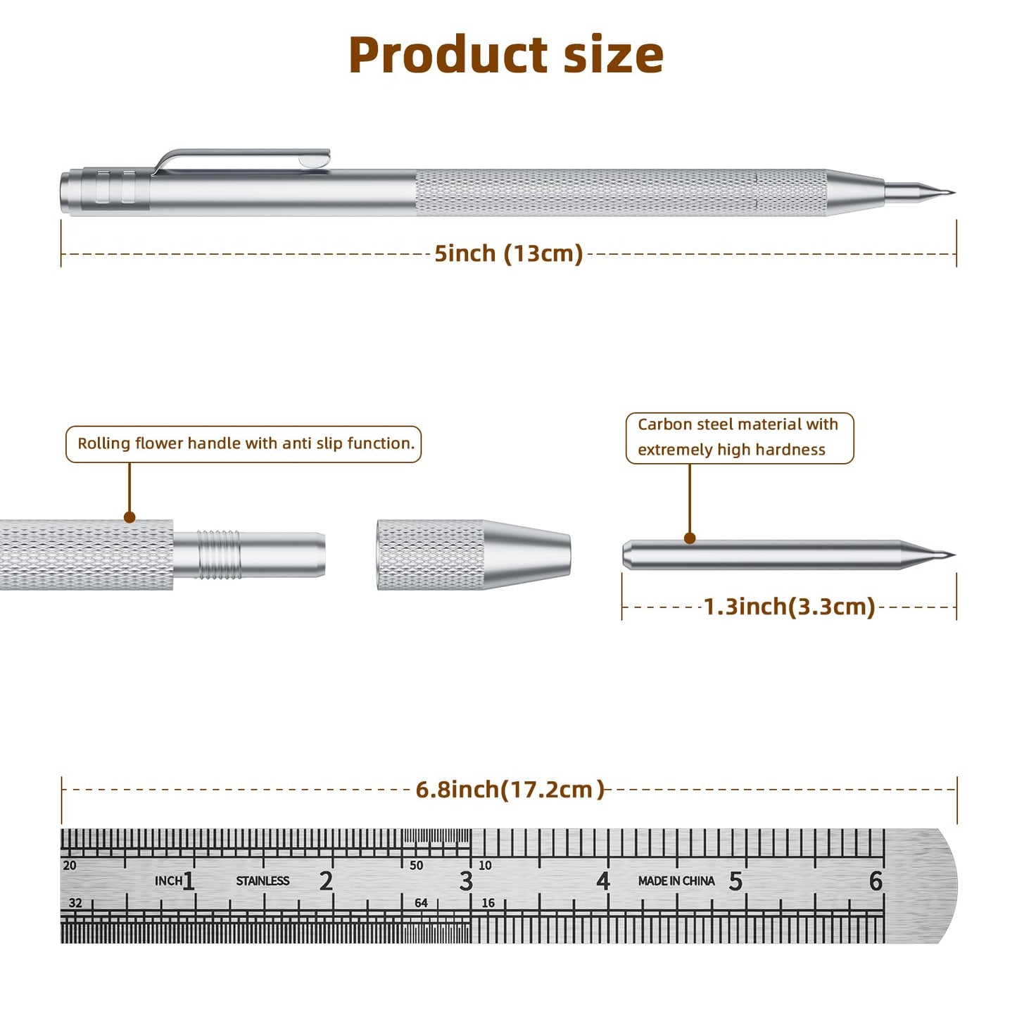 GCHMDE 5-Pack Tungsten Carbide Scriber, Metal Scribe Tool with 25 Replacement Marking Tips & Steel Ruler - Knurled Aluminum Handle & Magnet, Engraving Pen for Glass/Ceramics/Metal Sheet (5)