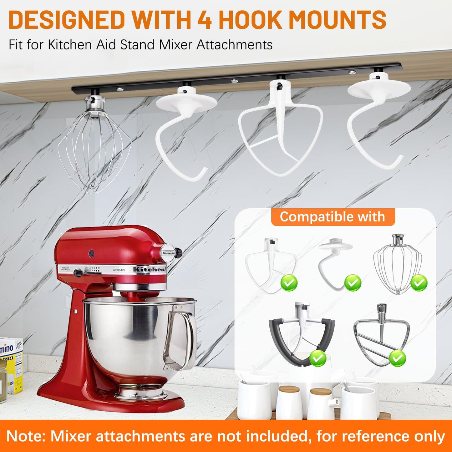 Stainless Steel Stand Mixer Attachment Holder Compatible with Kitchen aid Mixer Accessories,for Flex Edge Beater,Wire Whip,Flat Beater and Dough Hook,Kitchen Aid Attachments Organizer with 4 Hooks