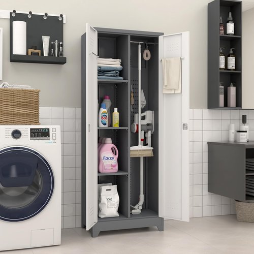 LUCYPAL Broom Closet Storage Cabinet,Utility Closet with Shelves and Hanging Rod for Brooms and Mops,Tool Cabinet for Bathroom,Kitchen,Garage,Warehouse,White&Grey,65" H