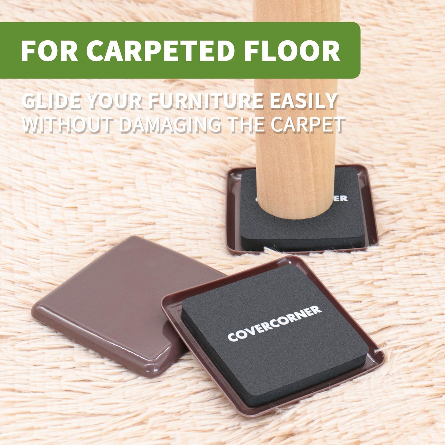 COVERCORNER Furniture Sliders for Carpet 8 PCS - 3 1/2 inch Furniture Moving Slider Chair Legs Floors Protectors Square Furniture Movers Sliders – Move Your Furniture Easy & Safely(for Carpet)-Brown