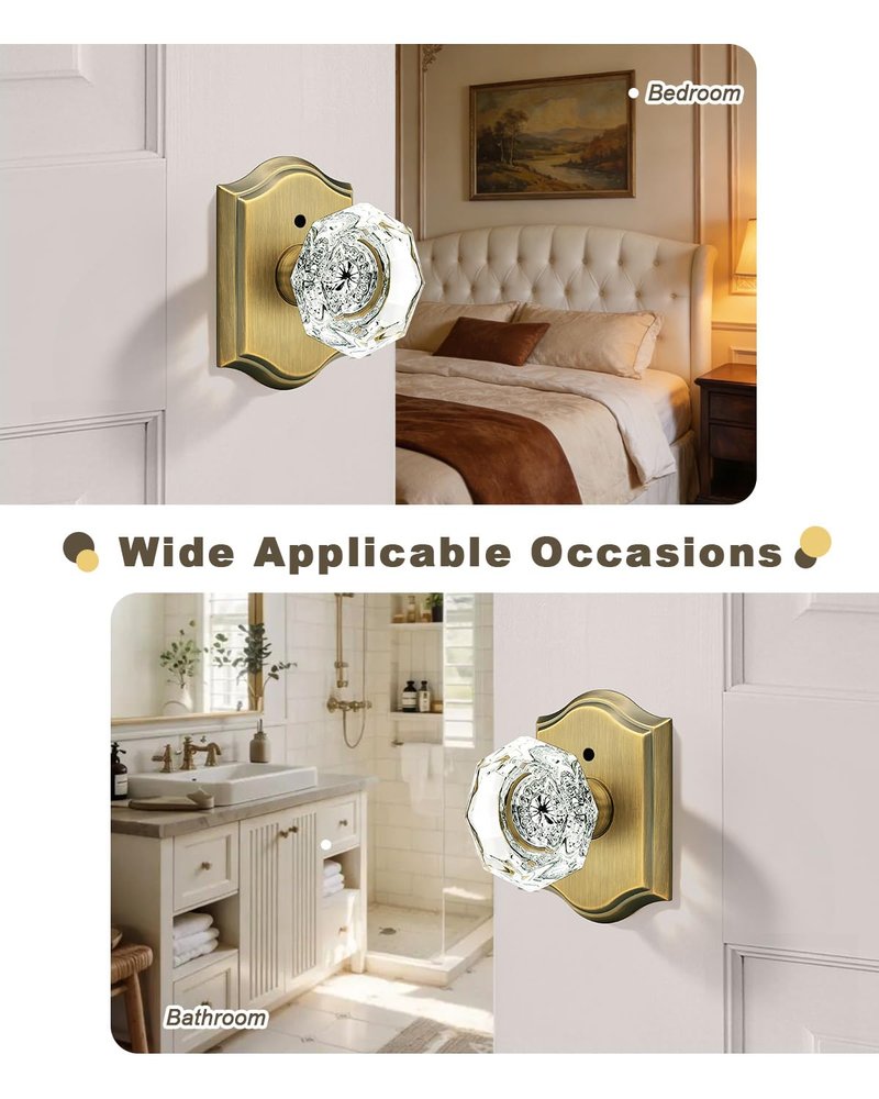 Gobrico Transparent Glass Door Knobset Interior,Privacy Diamond Crystal Door Lockset in Antique Brass,Keyless for Interior Bath/Bed,Push Pin Button Inside Lock?1 Pack