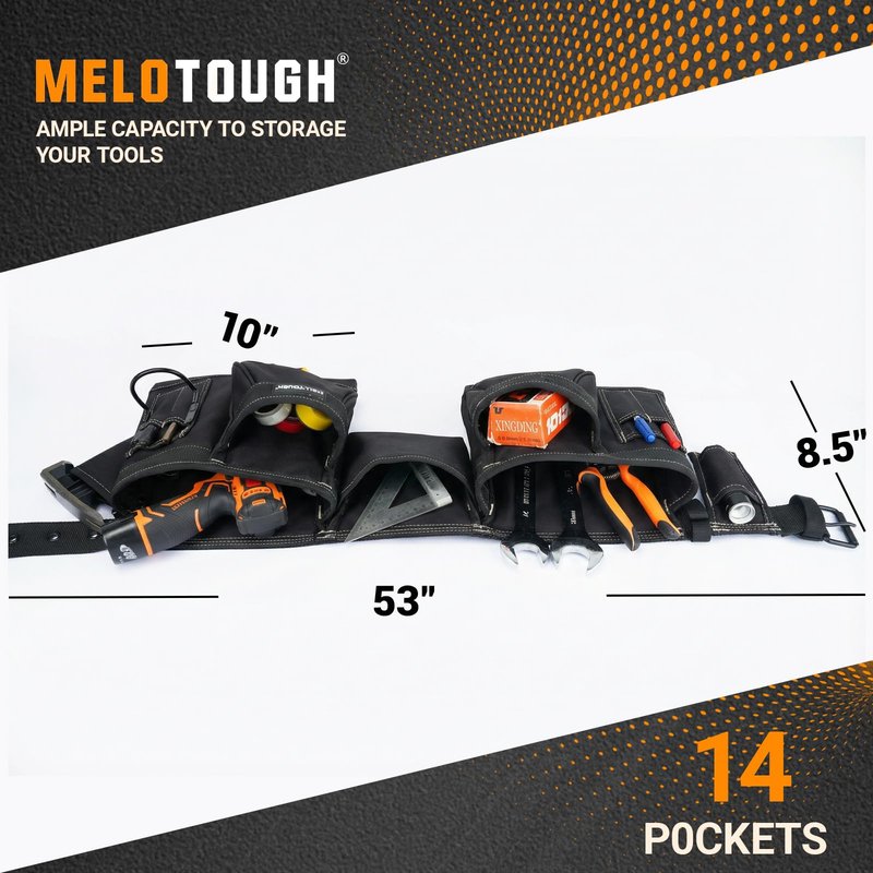 MELOTOUGH 14-Pocket Tool Belt Combo with Pouches for Electrician & Carpenter, Heavy Duty Adjustable Work Utility Belt for Men, Industrial-Grade Tool Rig Organizer, Work Apron(Black)
