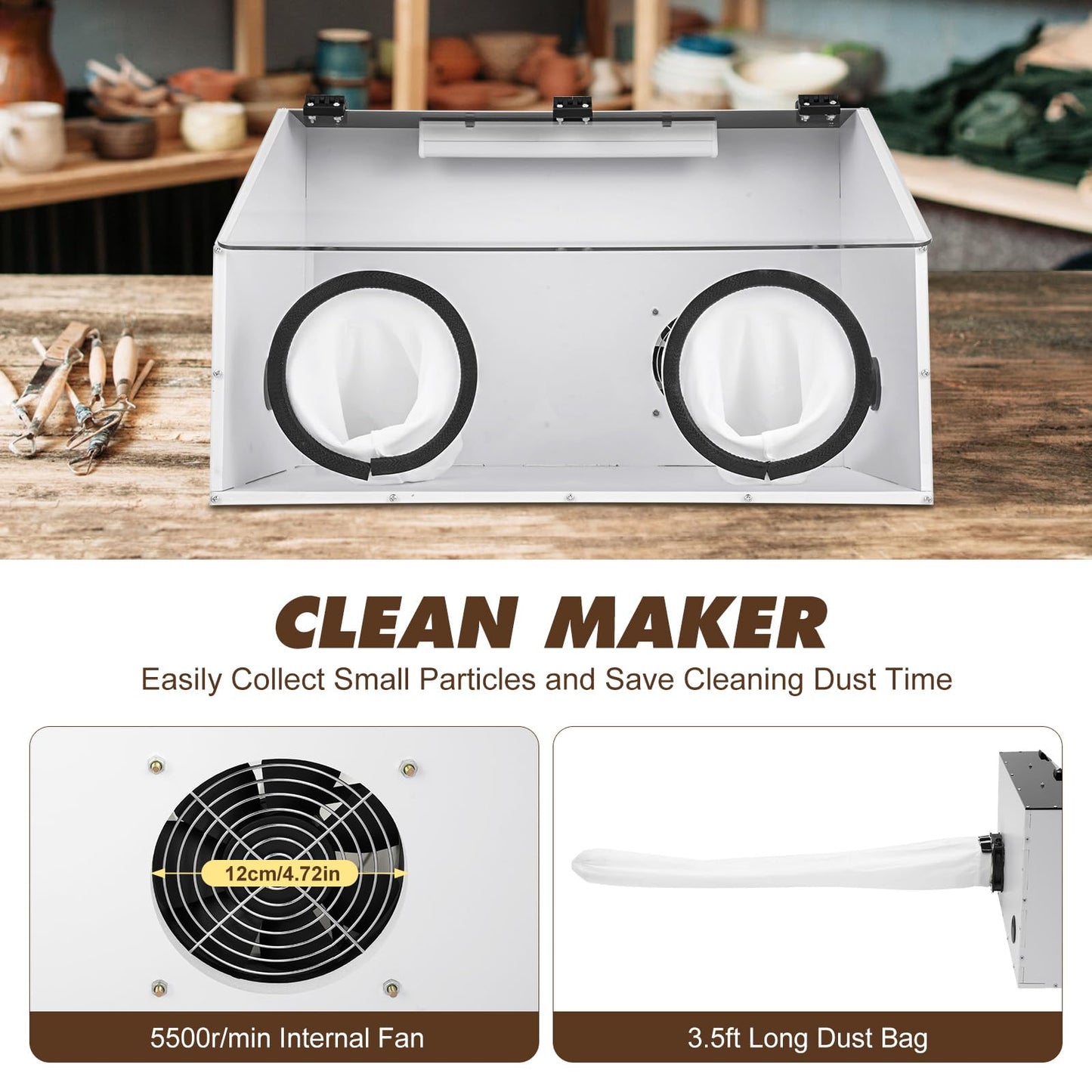 2 Holes Dust Box, Fully Enclosed Dust Cover Grinding Table Polisher Dust Box, Acrylic Electric Grinding Table Polisher Cover with Led Light & Fan For Table Polisher