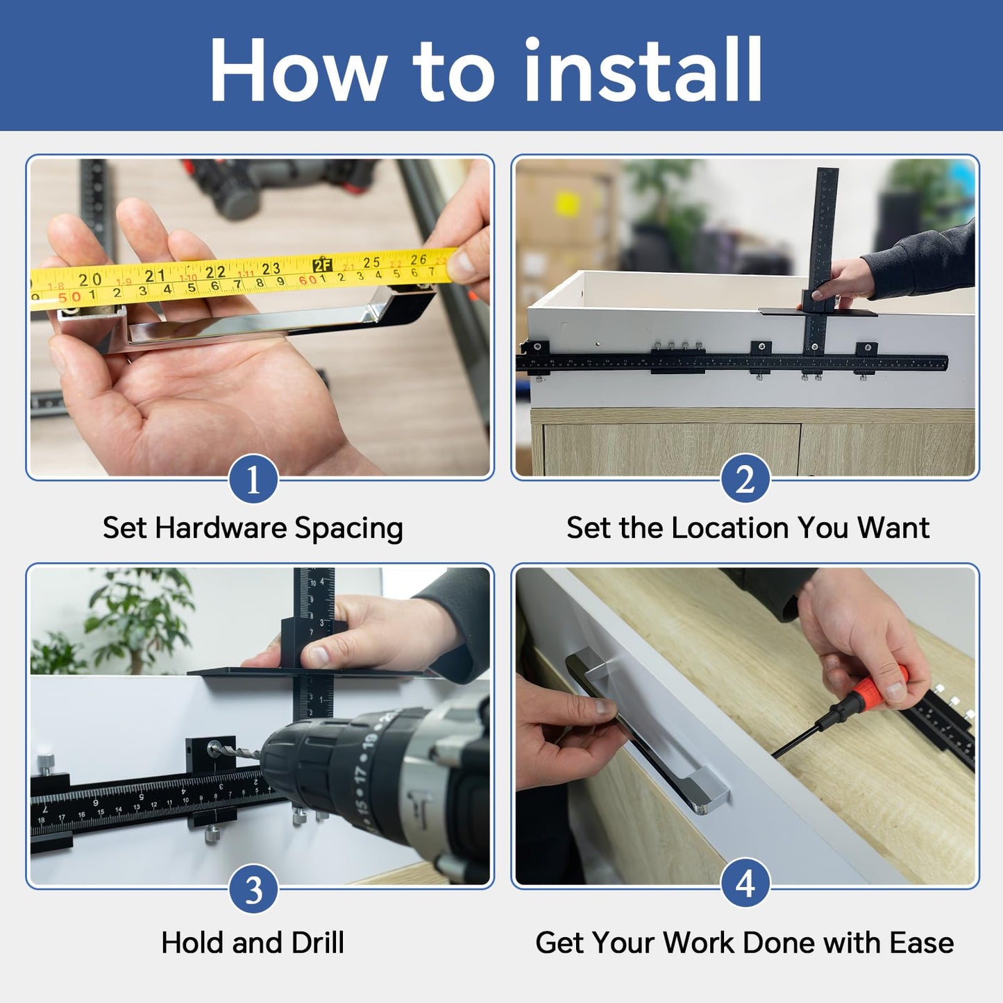 PRO Cabinet Hardware Jig, 32-inch Detachable Cabinet Handle Jig with Auto Center Punch, Aluminum Alloy Cabinet Handle Template Drill Guide, Cabinet Pull Jig for Handle Knob Pull, Drawer/Door