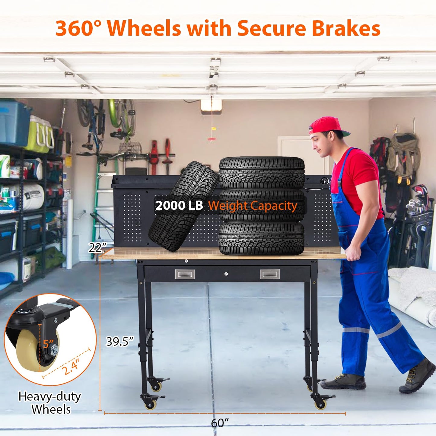 GarveeTech 60" Heavy-Duty Adjustable Workbench with 2 Drawers & Pegboard - 2000LBS Capacity, 4 Rolling Wheels, Rubber Wood Tabletop for Garage, Workshop, Home Office, Black