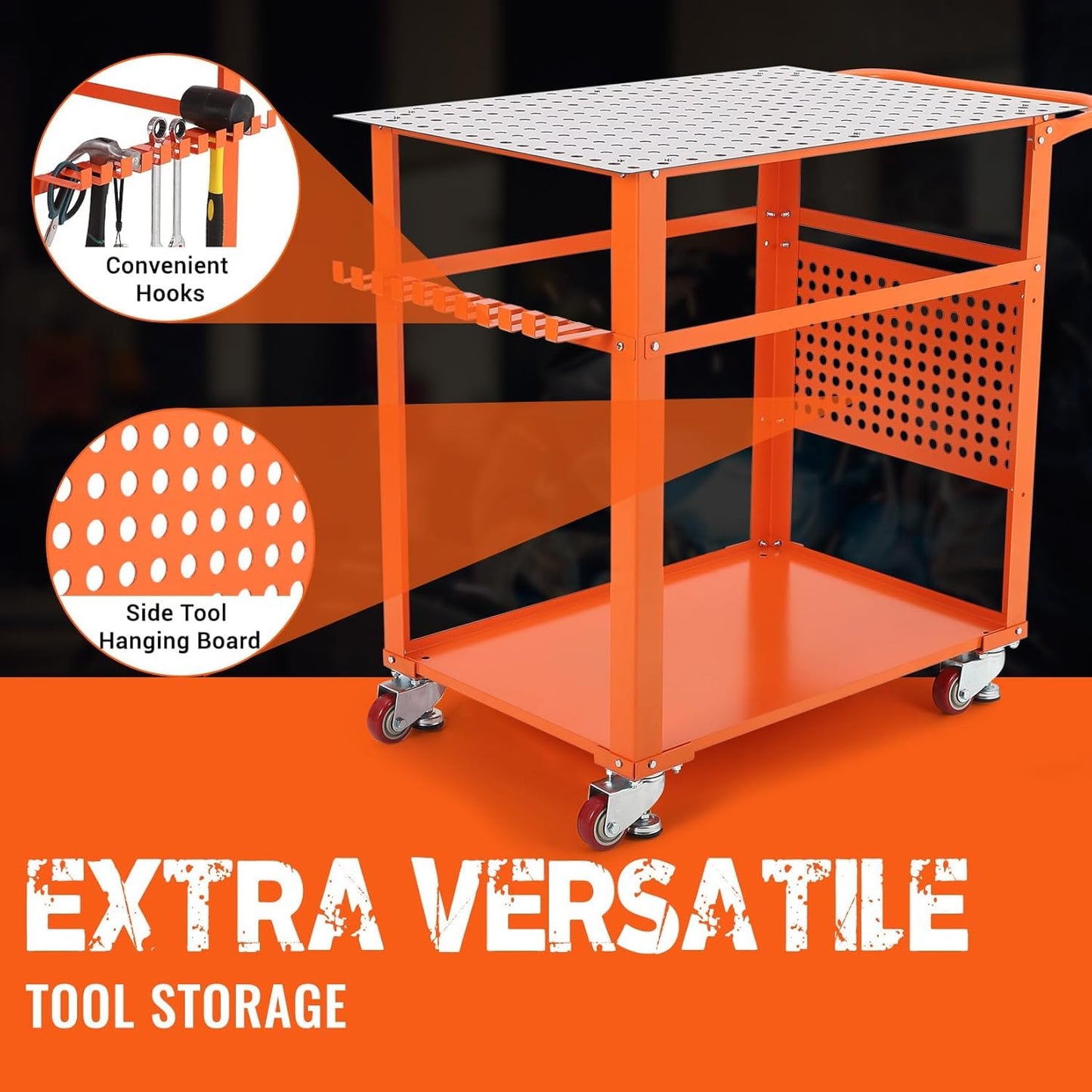 TrailBlaze 36'' x 24'' Welding Table with Wheels, 600 LBS Portable Welding Fixture Table with Handle & Storage Board, 5/8-inch Fixture Holes Tool Slots, Movable Steel Welding Workbench Table for Shop