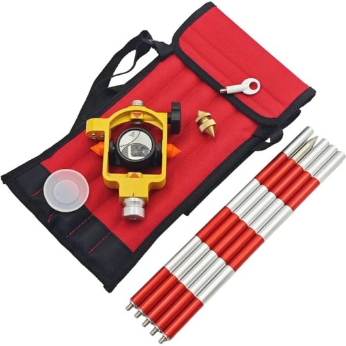 FDC066 Mini Surveying Prism with Yellow Metal Holder Bubble Level and 5 Poles, ADS106 Reflective Prism for Topcon Sokkia Nikon Trimble Total Station, 0/-30mm, 5/8"-11 Thread