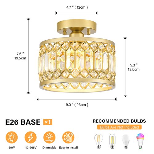 YURNYQ Crystal Ceiling Light Fixture, Modern Semi Flush Mount Ceiling Light, Gold Lighting Fixtures Ceiling Lamp for Hallway, Kitchen, Entryway, Bedroom, Laundry Room, 9.05 Inch