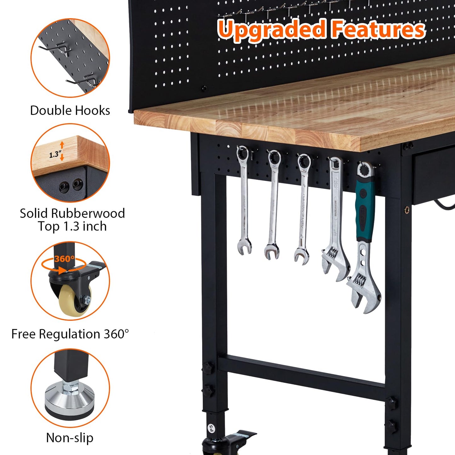 GarveeTech 60" Heavy-Duty Adjustable Workbench with 2 Drawers & Pegboard - 2000LBS Capacity, 4 Rolling Wheels, Rubber Wood Tabletop for Garage, Workshop, Home Office, Black