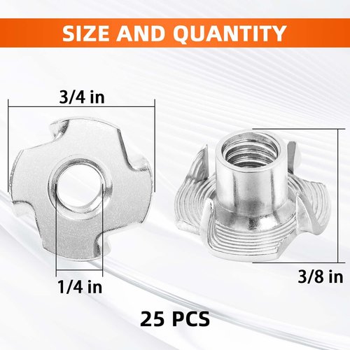 1/4"-20 T-Nut, 5/16" Barrel Length, 304 Stainless Steel Threaded Insert, 4-Pronged Tee Nut for Wood, Rock Climbing Holds, Cabinetry, Furniture, 25 PCS