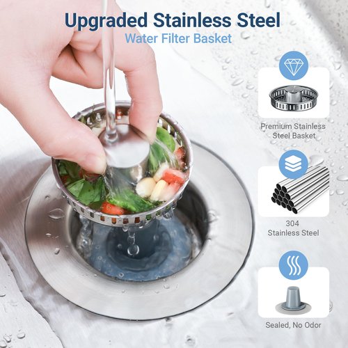 Upgraded 3 in 1 Kitchen Sink Drain Strainer & Stopper 304 Stainless Steel Pop Up, Anti Clogging Basket, Fits US Standard 3-1/2'' Drain Hole (SUS304 Brushed, Silver)
