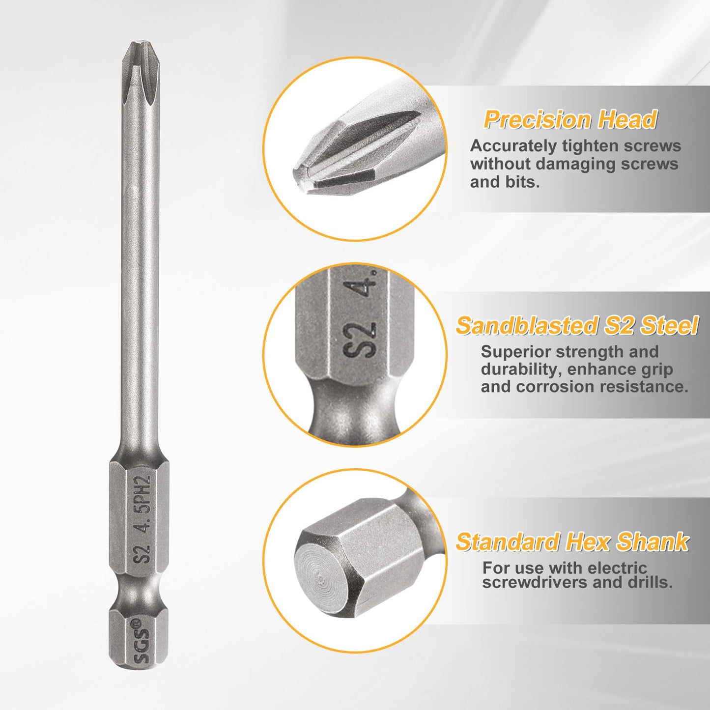 HARFINGTON 2pcs #2 Phillips Screwdriver Bit PH2 1/4" Hex Shank 3" (75mm) Long 0.18" Rod Magnetic Cross Head Drill Bits S2 Steel Industrial Screw Driver for Electric Power Tools, Gray