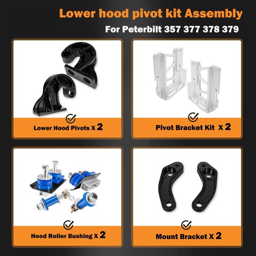 M134708R M134708L for Peterbilt Lower Hood Pivot Kit & Pivot Bolt Kit & Hinge Hood Upper Pivot Bracket Kit Fit for Peterbilt377 378 379 Replac:13-04708R 13-04708L 13-04154 13-04164 13-04286L13-04286R