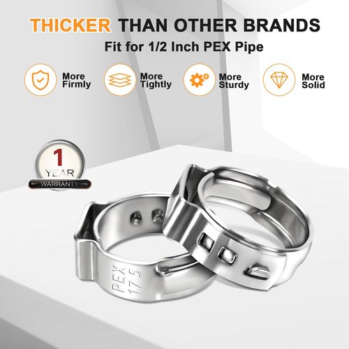 120 Pack 1/2 Inch PEX Cinch Clamps Rings, Premium 304 Stainless Steel Cinch Crimp Rings Pinch Clamps, Stepless Single Ear Hose Clamp for PEX Tubing Pipe Fitting Connections By Hydencamm (1/2"x120)
