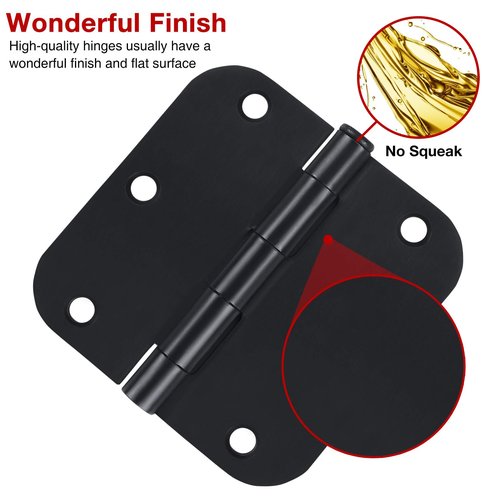 6 Pack Black Door Hinges - 3.5 x 3.5 Inch, Matte Black, 5/8 Inch Radius Corners, Standard Residential & Office Door Hardware