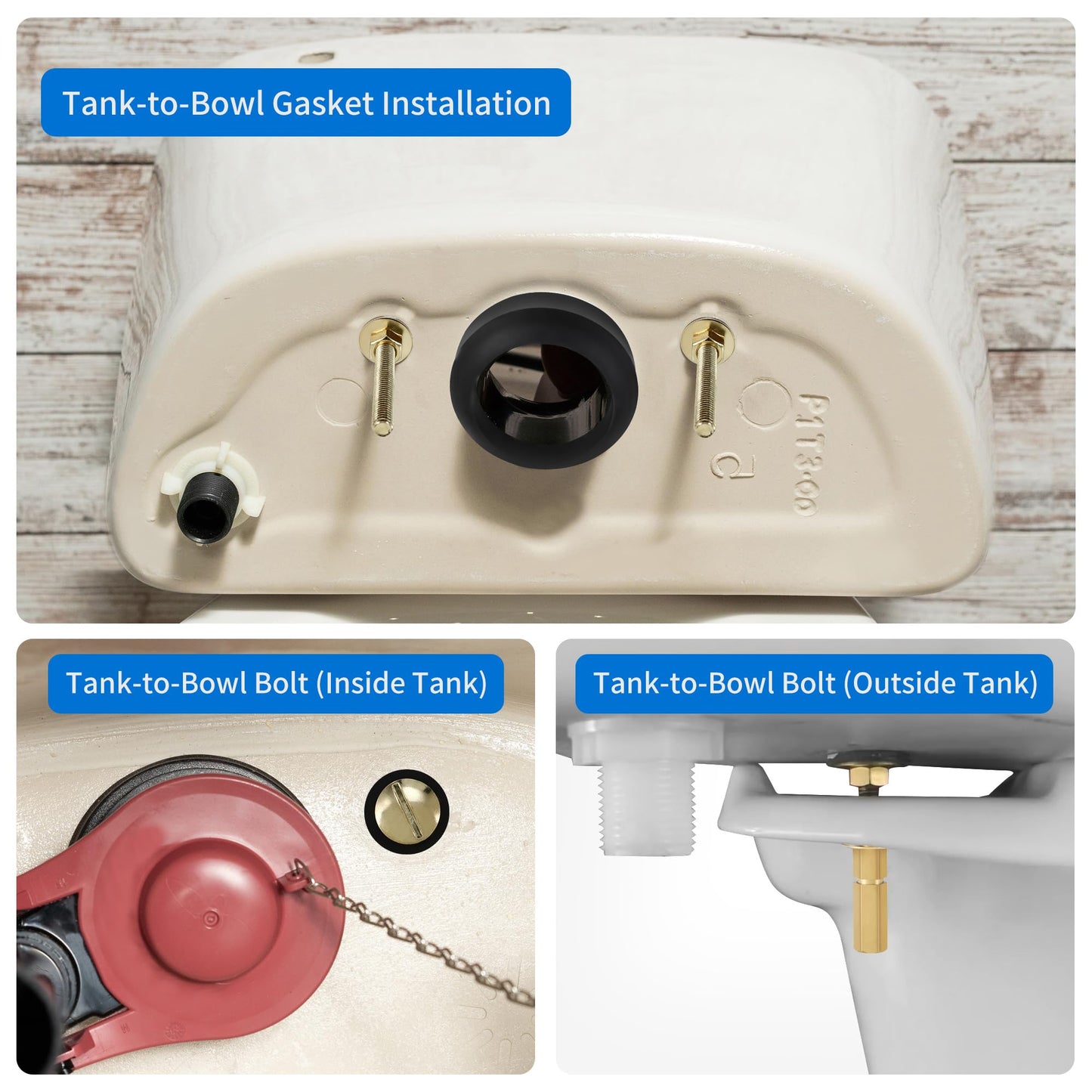 Universal Toilet Tank to Bowl Bolt & Gasket Replacement Kit Tank Repair Kit Includes 2" & 3" Rubber Seal Gaskets, Extra-Long Brass Plated Bolts, Washers, Nuts, Fits Most 2-Piece Toilets