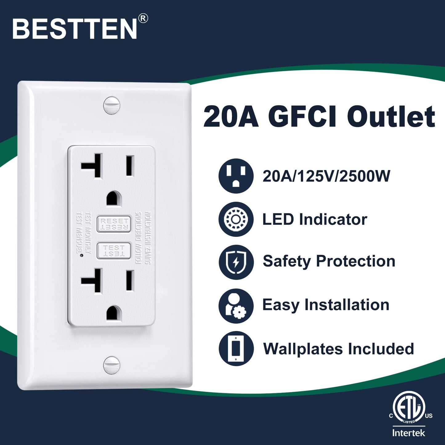BESTTEN 20 Amp GFCI Outlet with Thinner Design, GFI Electrical Outlet with LED Indicator, Non-Tamper-Resistant GFCI Receptacle, Wallplate Included, ETL Certified, 10 Pack, White