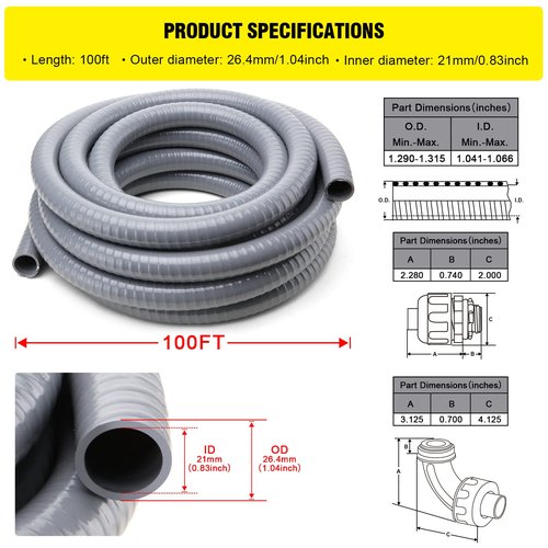 DWALE Liquid-Tight Conduit and Connector Kit,Flexible Non Metallic Liquid Tight Electrical Conduit,3/4inch 100ft Electrical Conduit Kit,with 5 Straight and 3 Angle Fittings Included,3/4 in. Dia