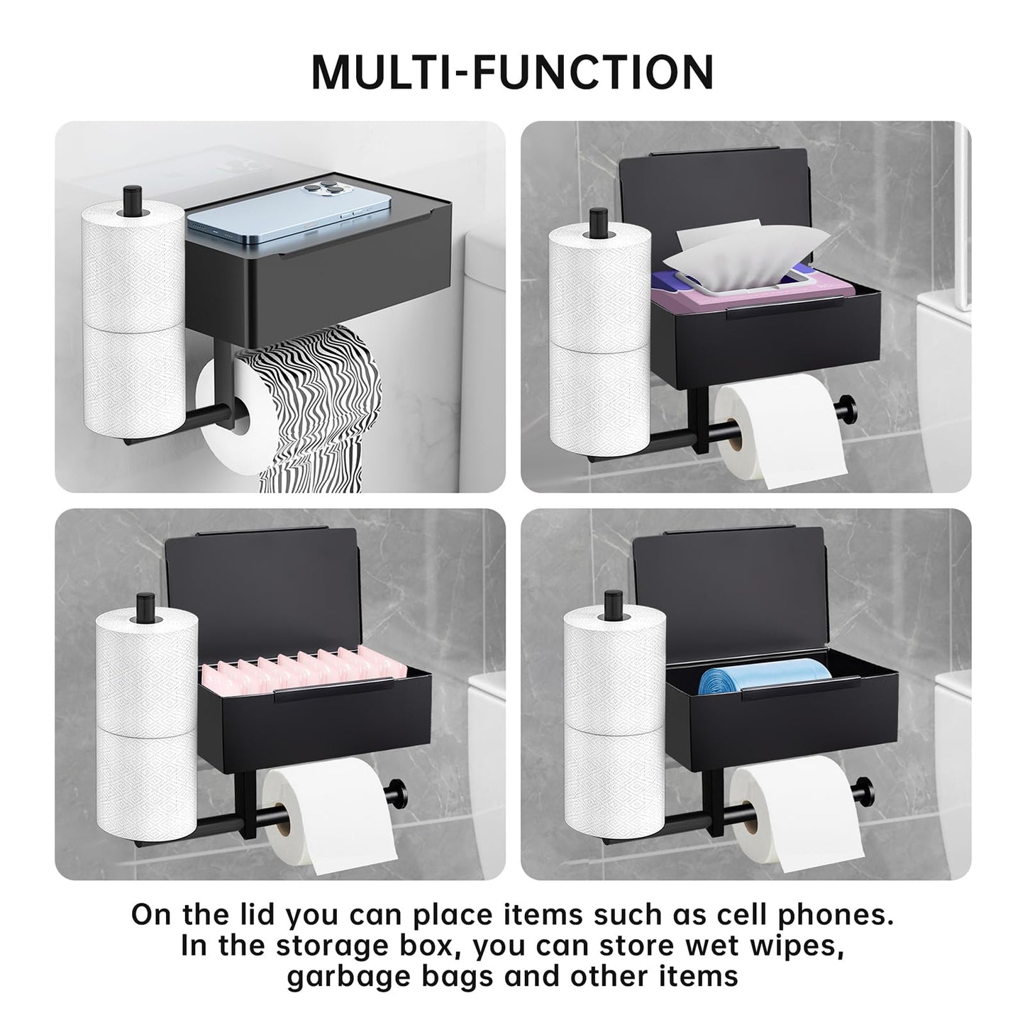 SEHAUSEU Paper Roll Holder, Wall-Mounted Bathroom Tissue Organizer with Storage Shelf, Modern Matte Black, 8.27L x 5.35W inches
