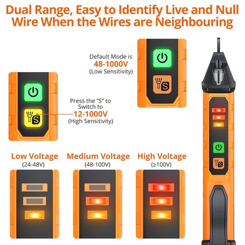 Proster Non Contact Voltage Tester Pen - Adjustable Sensitivity AC Voltage Detector, Electric Volt Pen Tester Pen 12-1000V/48-1000V, Contactless Voltage Detector