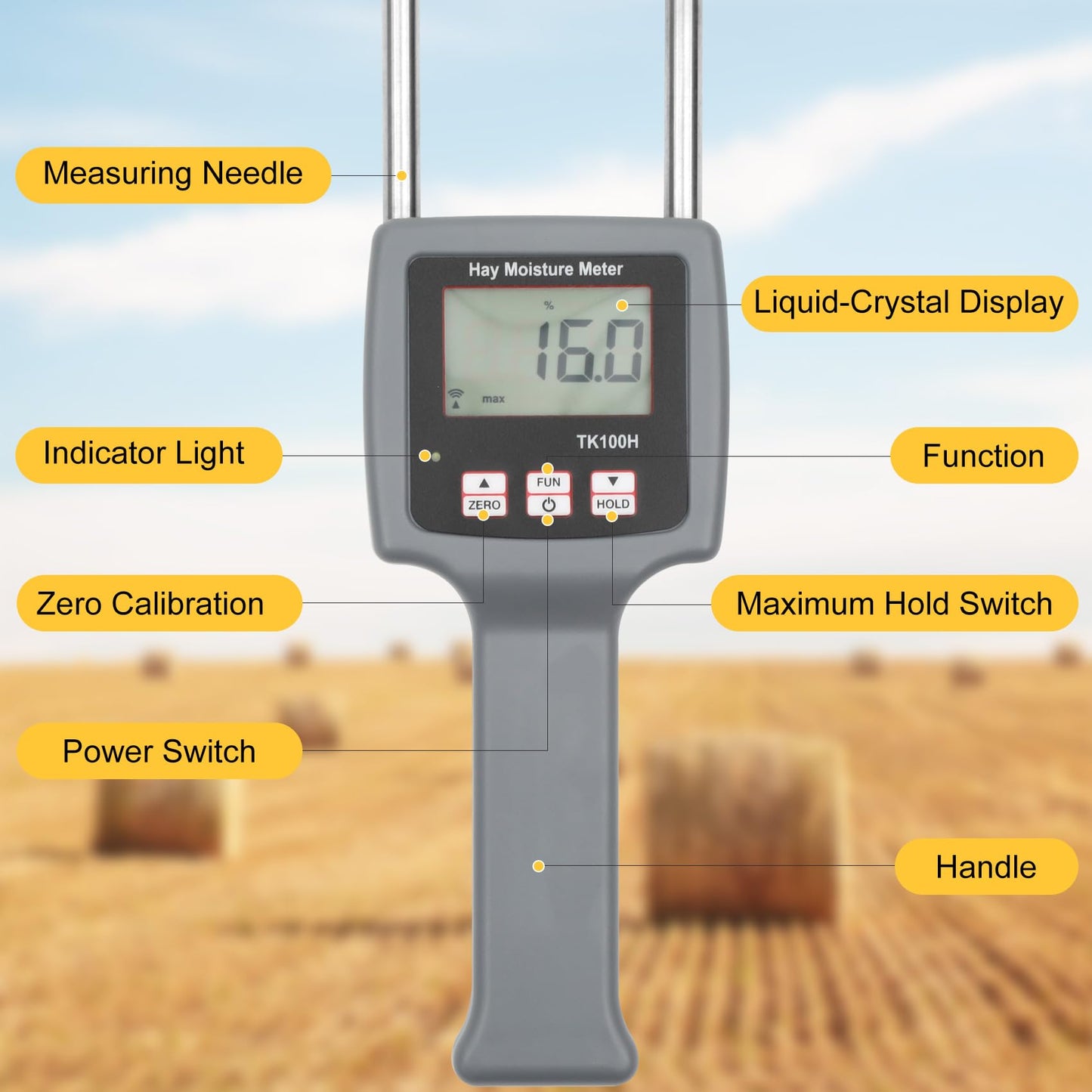 TK100H Portable Hay Moisture Tester, Precise & Fast Measurements Hay Moisture Meter With Probe, Moisture Tester Probe for Hay, Froage Grass, Leymus Chinensis, Alfalfa and Other Hays