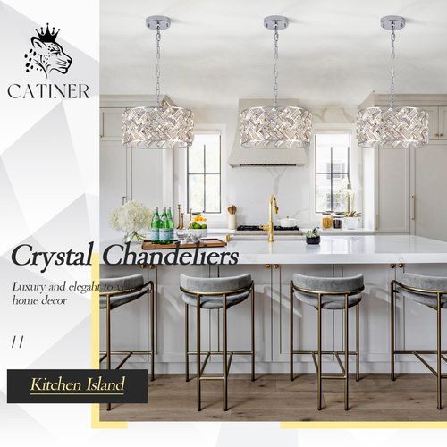 CATINER Chrome Crystal Chandeliers, 4-Light Modern Semi Flush Mount Ceiling Light, D12'' Small Round Crystal Hanging Pendant Light Fixtures for Dining Room Kitchen Island Entryway Hallway