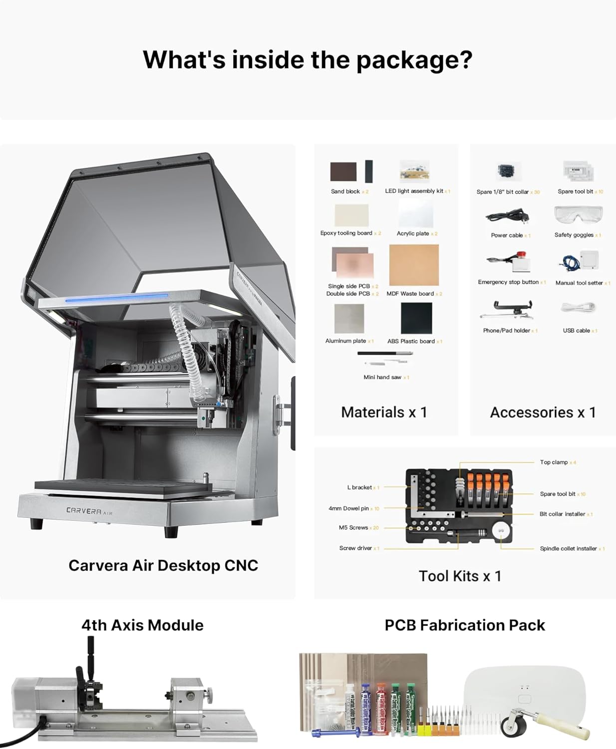 Carvera Air Desktop CNC Machine with 4th Axis and Add-on Module by Makera, Compact Enclosed Mini CNC Router, Quick Tool Changer Closed-Loop Control, User-Friendly CAM for Milling,Cutting, DIY, Crafts