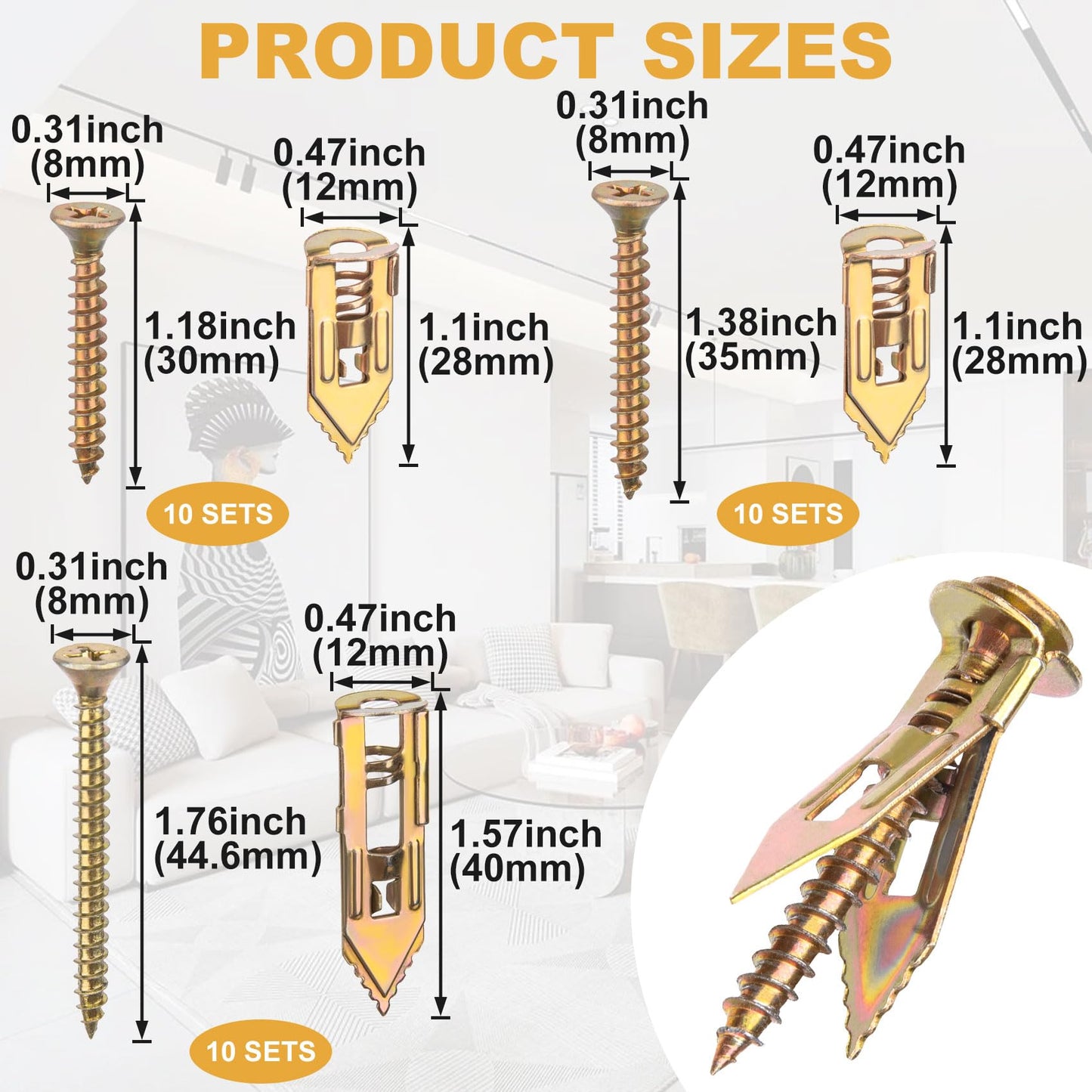 PAGOW 60 Pcs Self-Drilling Anchors, Ancors and Screws for Heavy Duty, Metal Screw Anchors Kit, No Drill and Holes in Wall (3 Sizes)