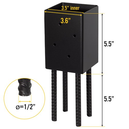 LADECH 4x4 Post Base Holder Ground Spike Use for Concrete Deck - Post Anchor Brackets Metal Black Powder Coated 4 Inches x 4 Inches (Inner Dia 3.5x3.5) 4 Pack