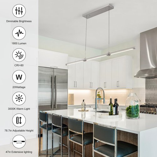 EDISLIVE Modern Linear LED Island Light Dimmable LED Chandelier 47.24 in Adjustable Linear Hanging Light Fixture 3000K 20W Pendant Light for Dinning Room Kitchen,Nickel