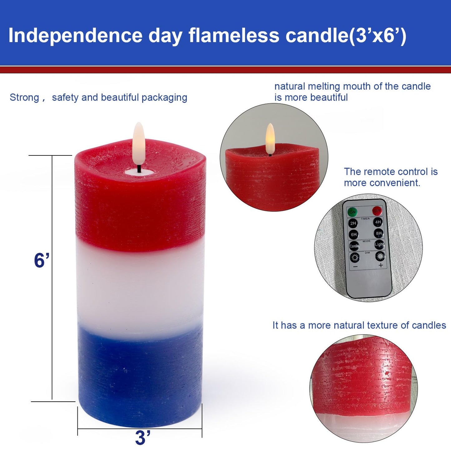 4th of July Pillar Candles - Concave Edge,Real Wax, Red White Blue Patriotic Flameless Candle (3"×6") Battery Operated with Remote Timer Flickering LED Candles for Patriotic Holiday Decor