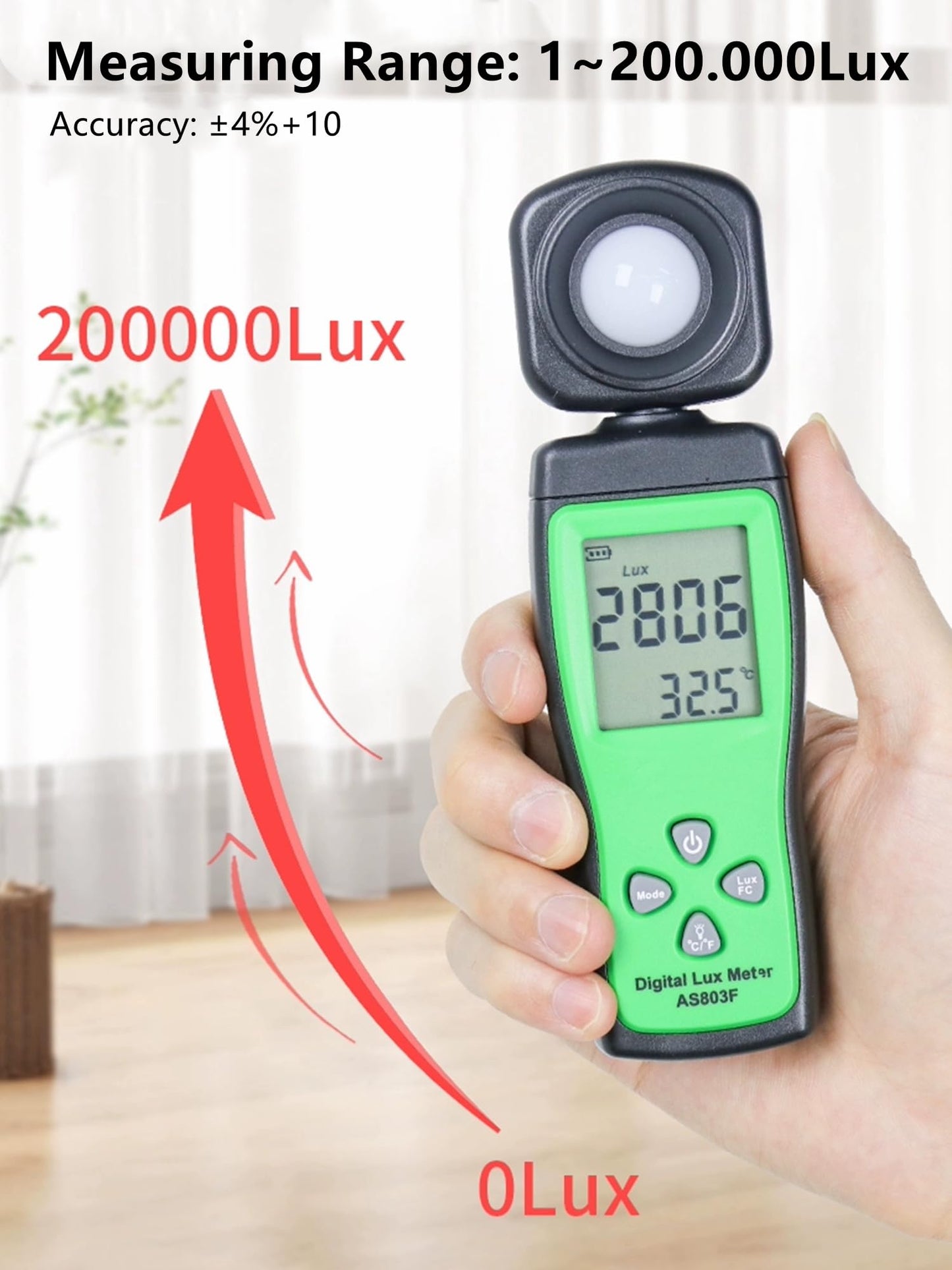 Yankok AS803F Smart Digital Light Meter 1-200000 Lux Measurement Lumen Checker Tools with High Accuracy 180D Rotatable Sensor and LCD Display Green (Come with User Manual but Battery NOT Included)
