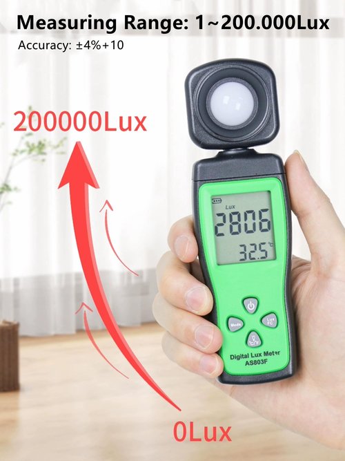 Yankok AS803F Smart Digital Light Meter 1-200000 Lux Measurement Lumen Checker Tools with High Accuracy 180D Rotatable Sensor and LCD Display Green (Come with User Manual but Battery NOT Included)